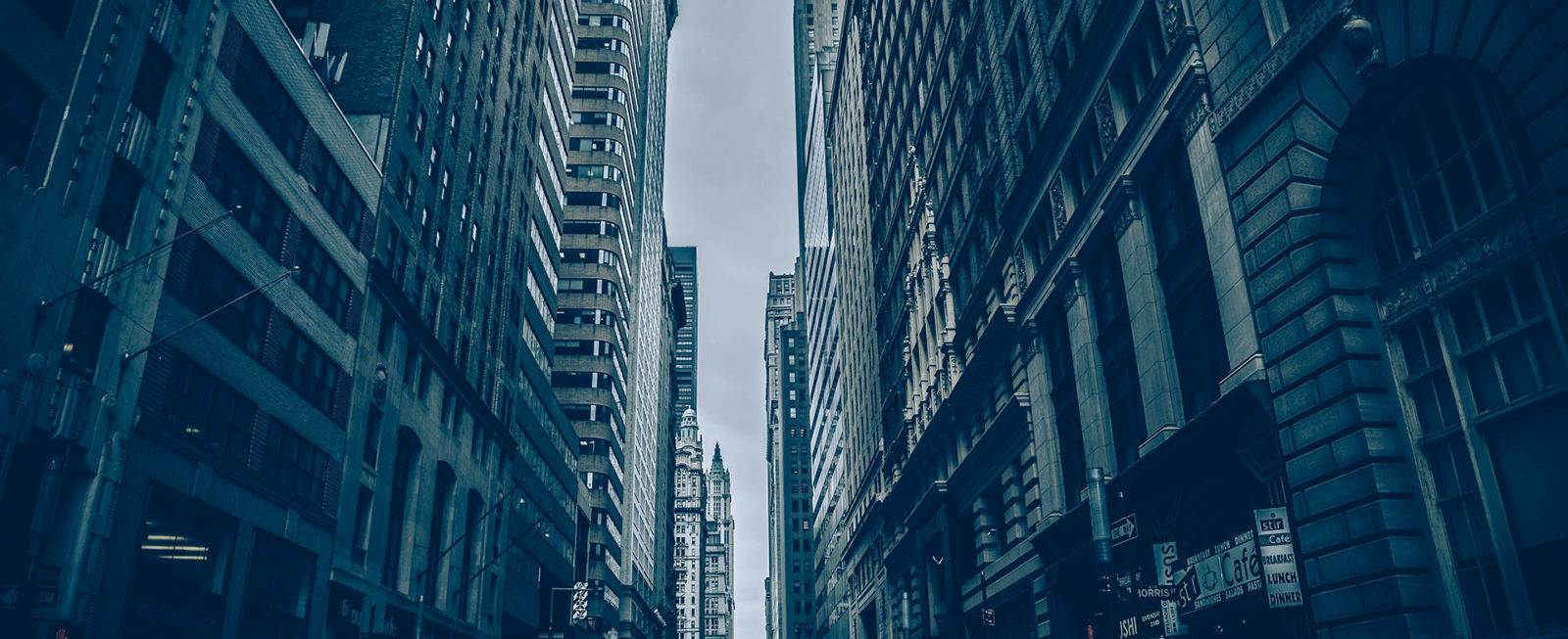A view of some buildings from the ground.