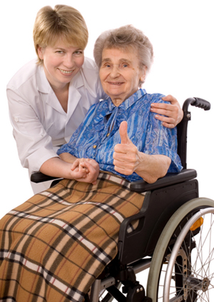 A woman and an old lady in a wheelchair