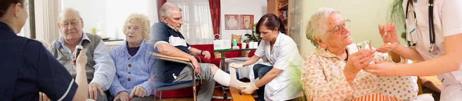 A nurse is helping an elderly man with his cast.