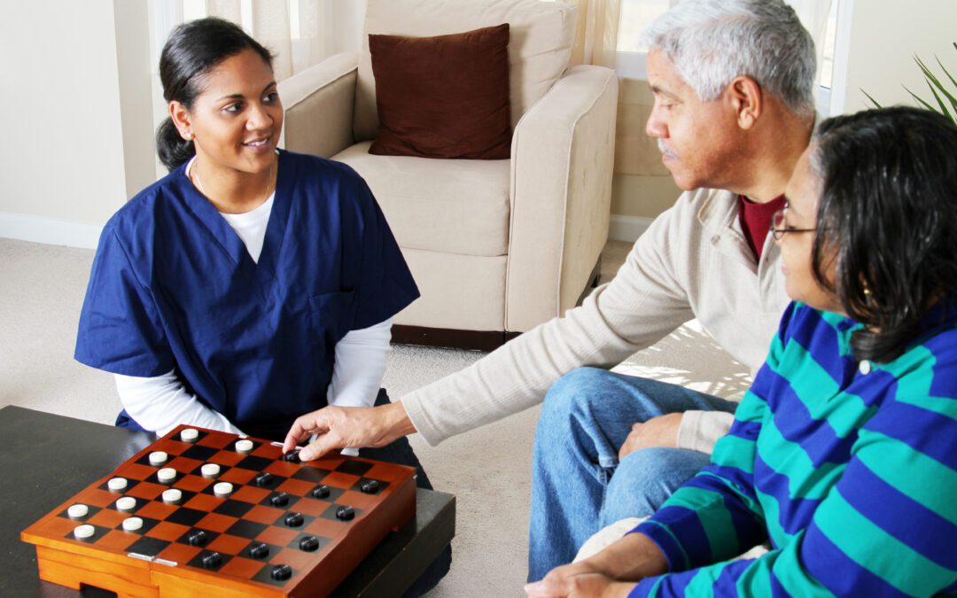 A group of people playing checkers in the living room.